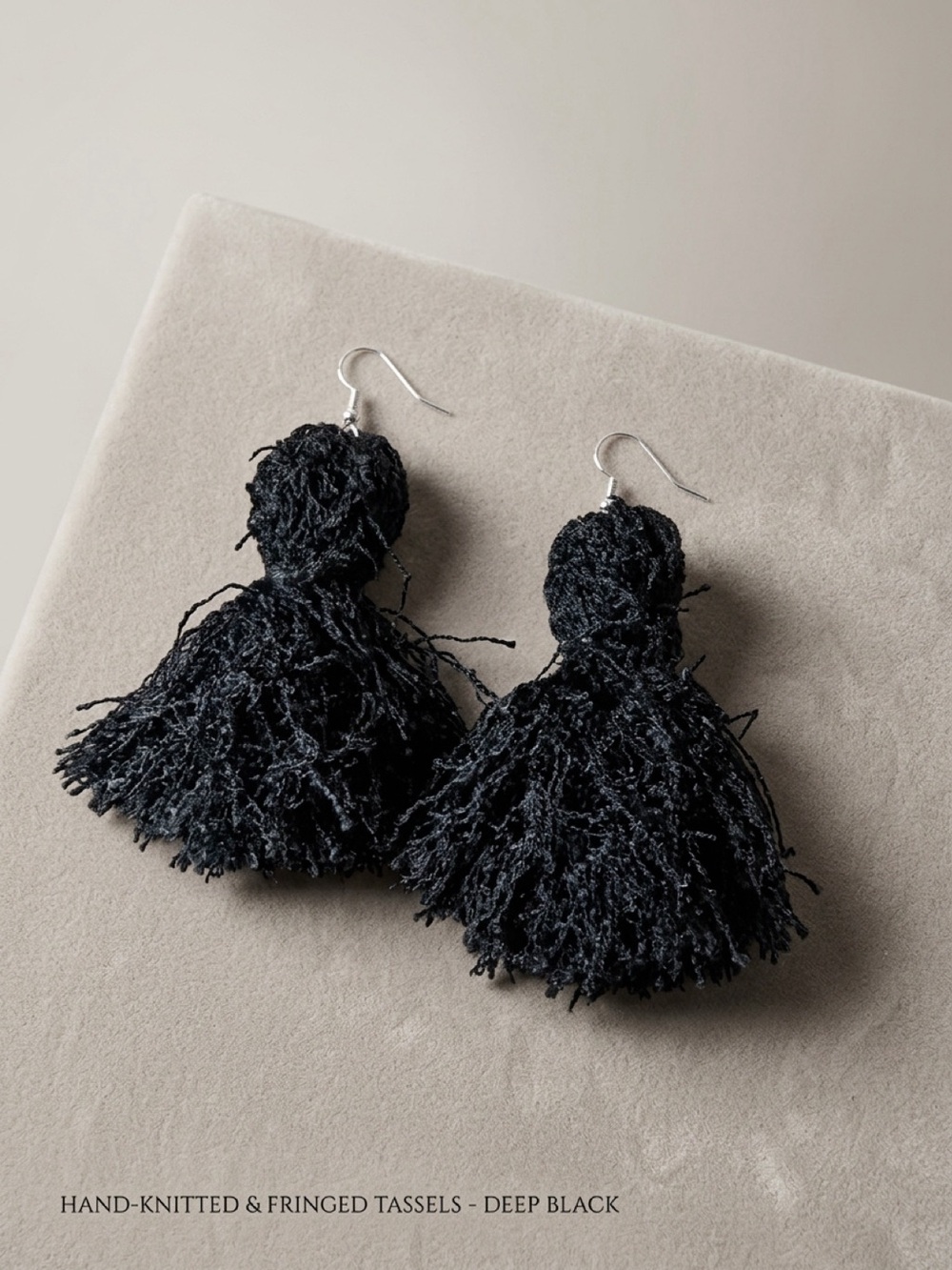 Hand-Knitted Deep Black Fringe Tassel Earrings - Women Jewelry